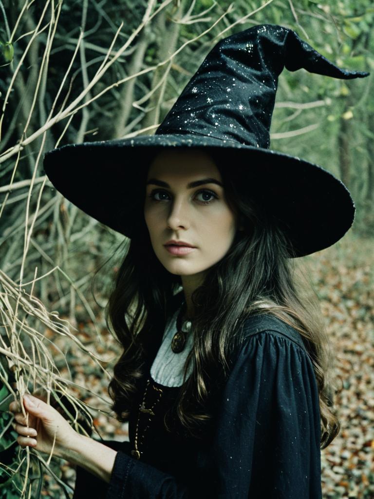 Woman in Classic Witch Costume Wearing Black Sparkly Hat in Forest