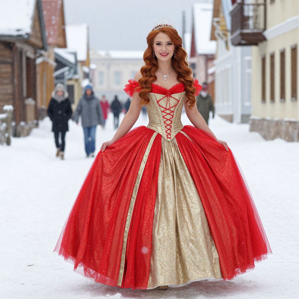Woman in Red and Gold Princess Gown on Snowy Street