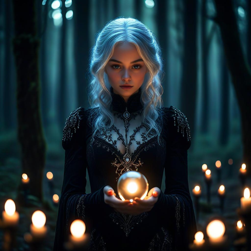 Mysterious Woman Holding Glowing Orb in Gothic Forest