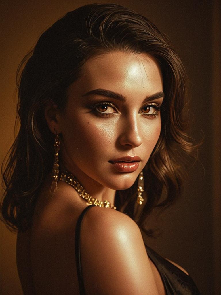 Glamorous Portrait of Woman with Gold Jewelry and Warm Lighting