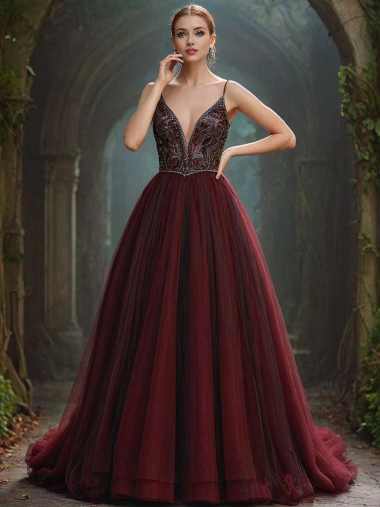 Woman in Ethereal Forest in Red Ball Gown