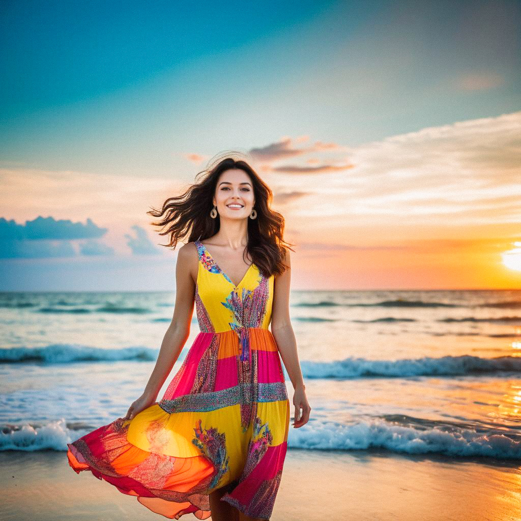 Joyful Woman Twirling on Beach at Sunset