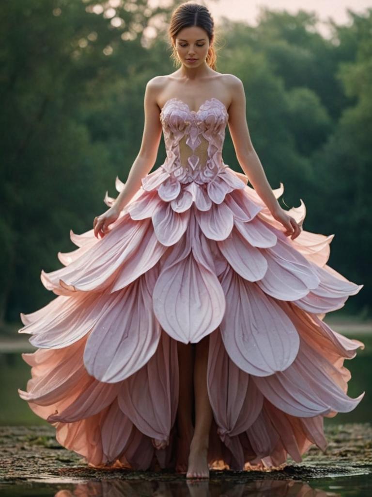 Woman in Pink Petal-Layered Gown Outdoors