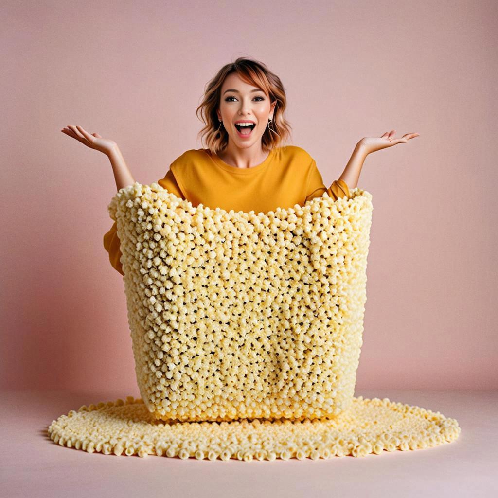 Joyful Woman in Oversized Popcorn Container