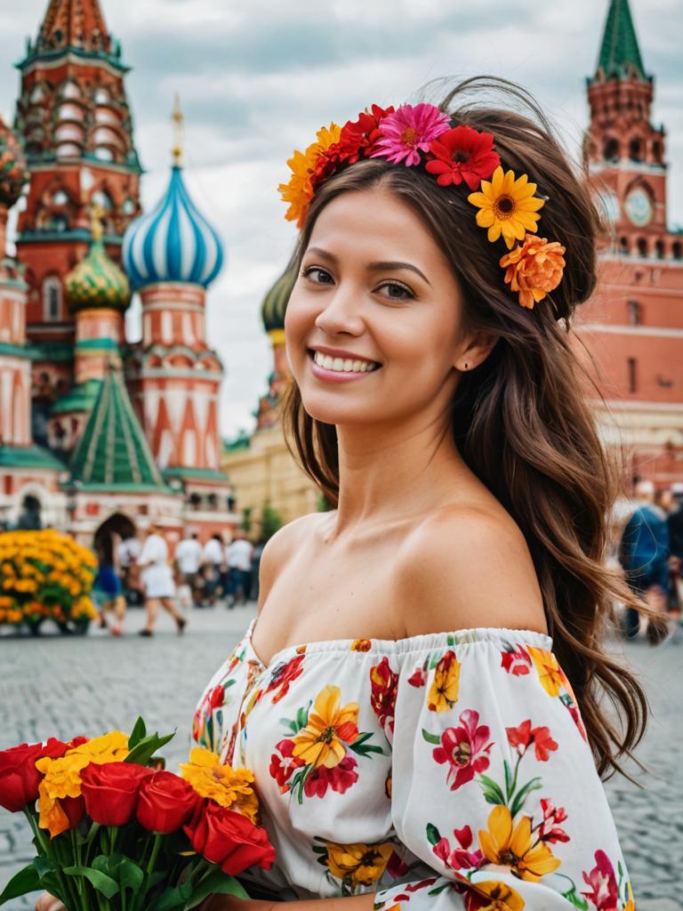 Smiling Woman with Flower Crown in Red Square