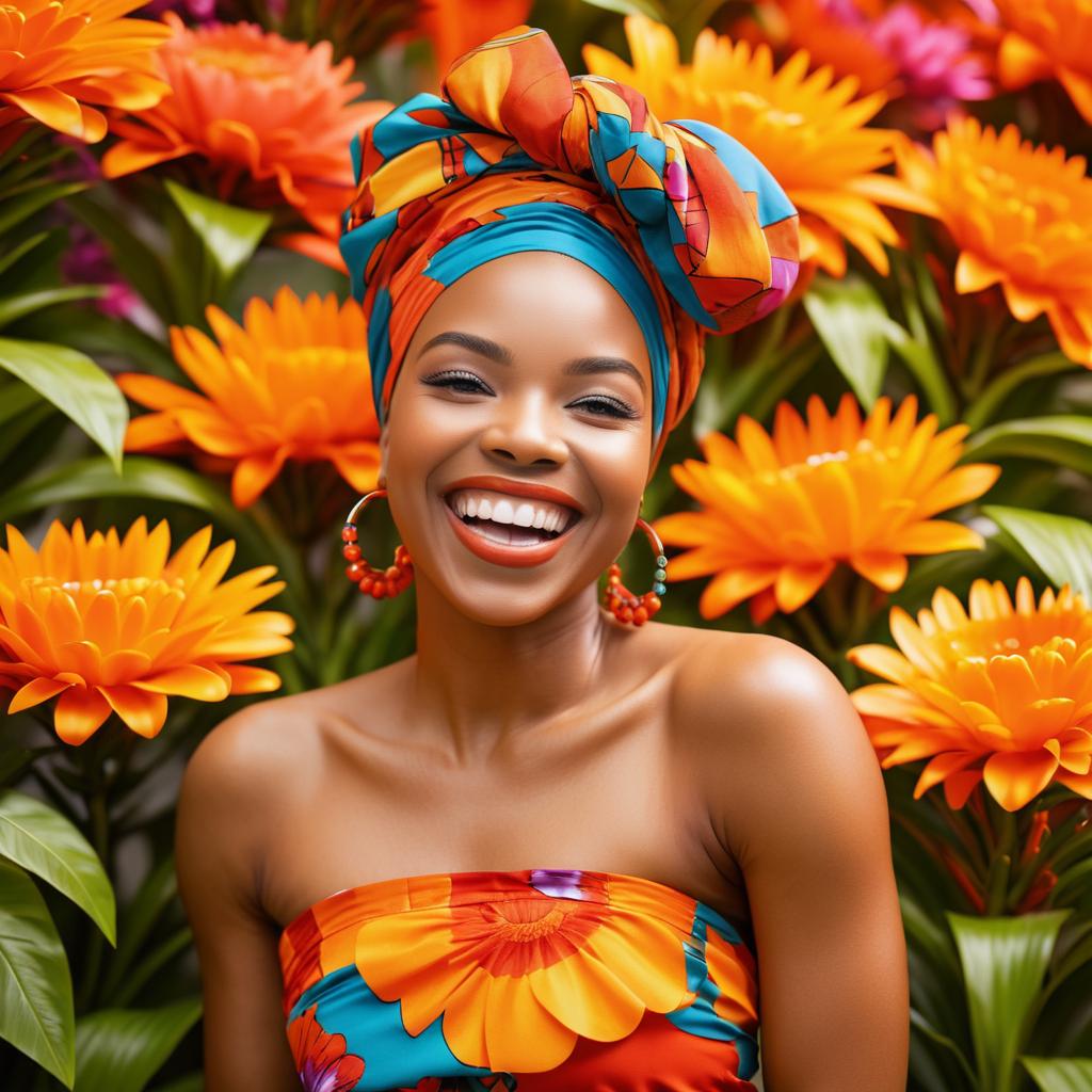 Joyful Woman in Colorful Attire with Orange Flowers