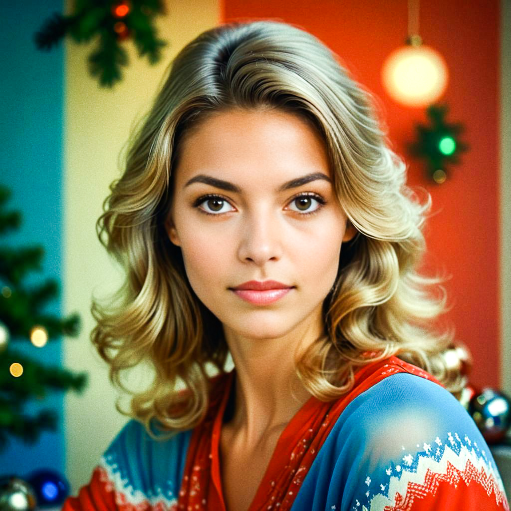 Vibrant Woman with Flowing Hair in Festive Christmas Setting