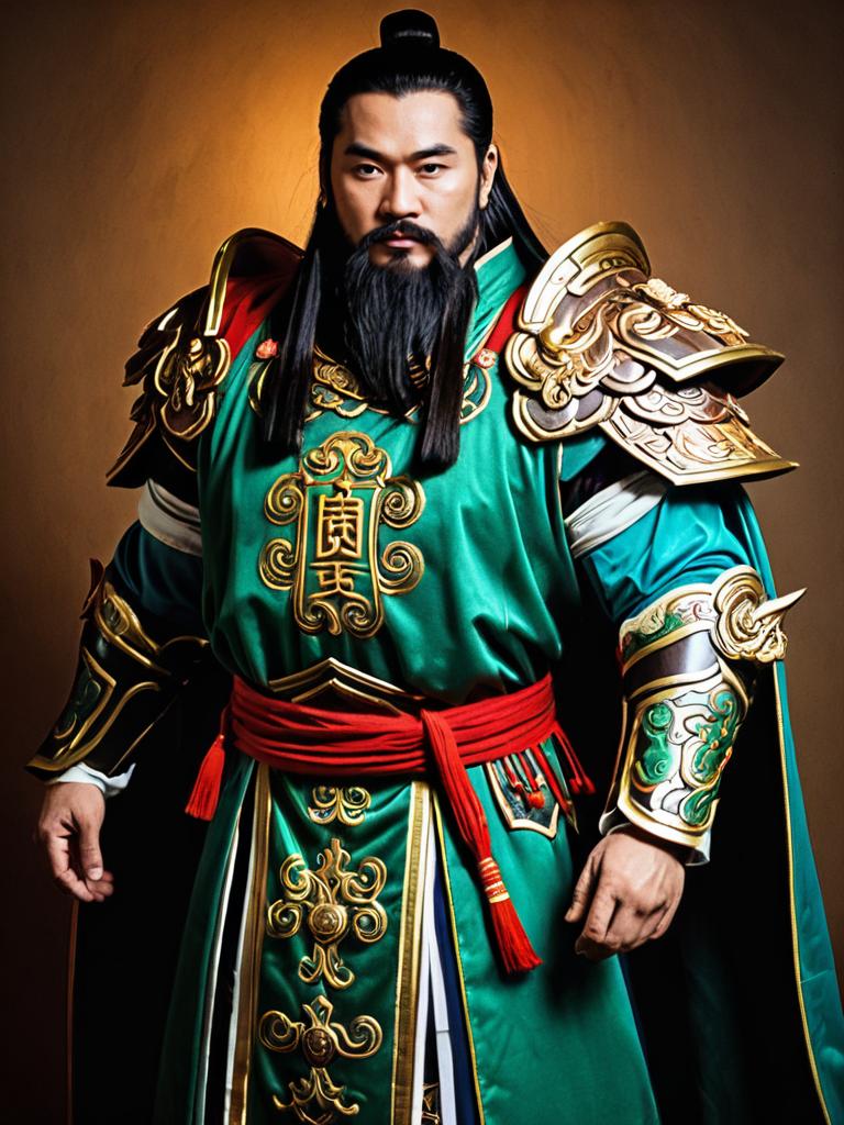 Man Cosplay Wearing Guan Yu Costume with Realistic Armor and Traditional Design