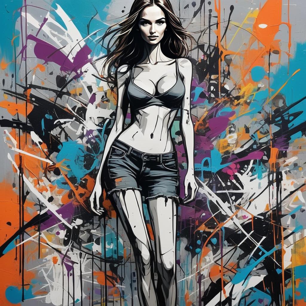 Confident Woman in Black Crop Top with Urban Graffiti Background Confident Woman in Black Crop Top with Urban Graffiti Background