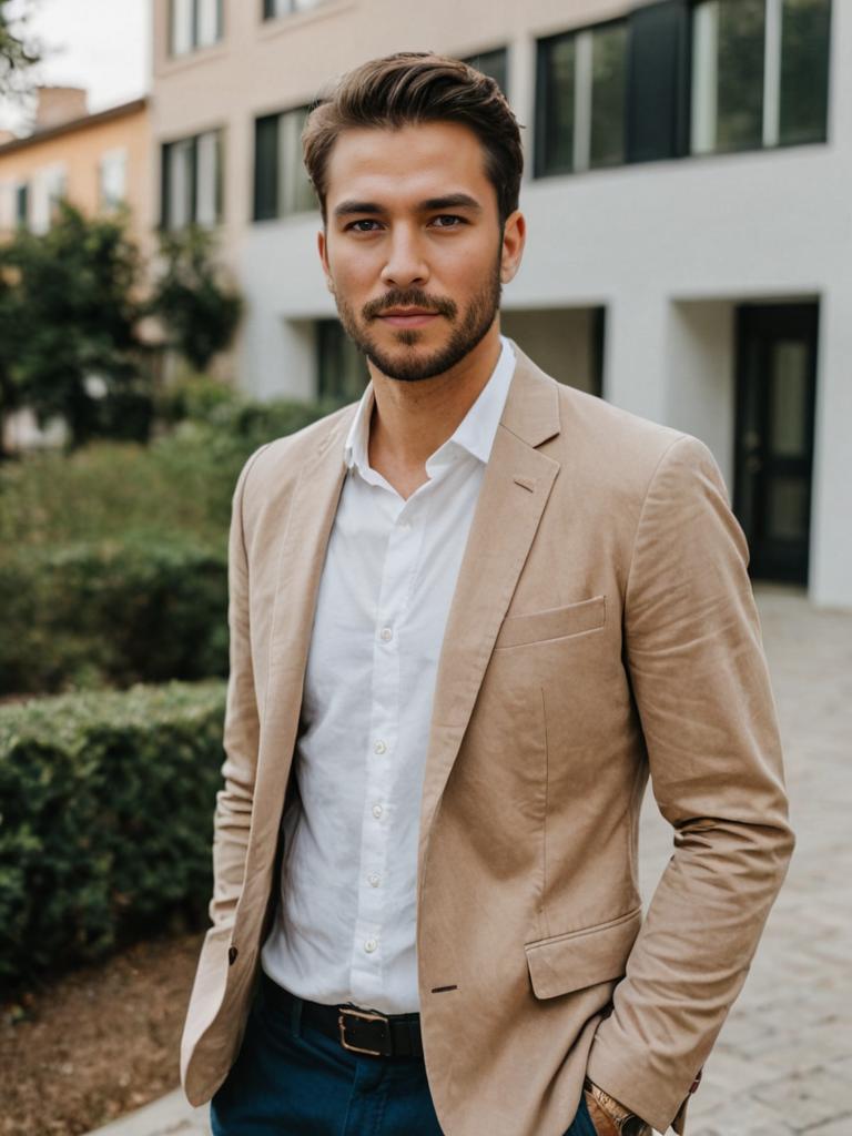 Stylish man in casual blazer and navy trousers