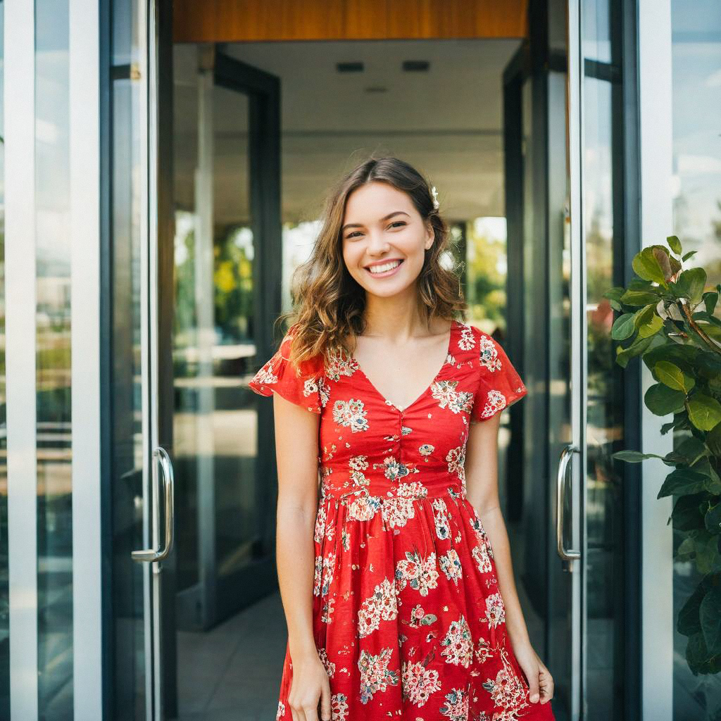 Smiling Woman in Red Floral Dress by Glass Doors