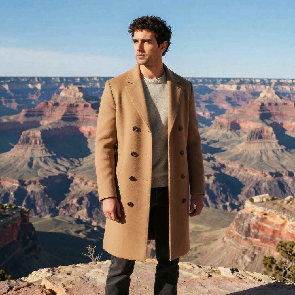 Man in Stylish Camel Coat at Grand Canyon Overlook