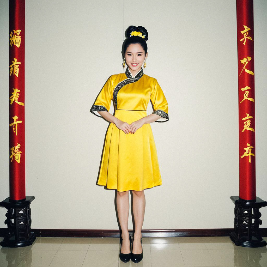 Smiling Woman in Yellow Satin Dress with Red Pillars