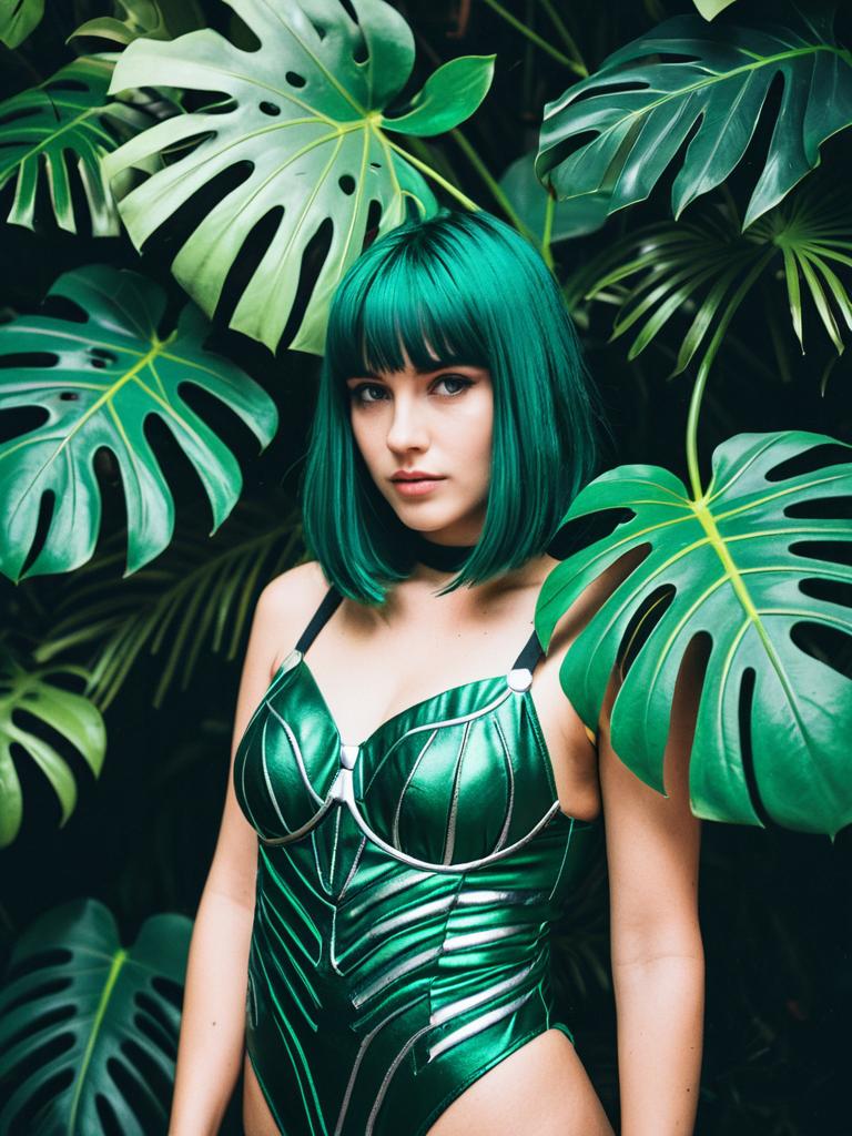Monstera Plant Costume Editorial Cosplay Photo with Woman and Tropical Leaves