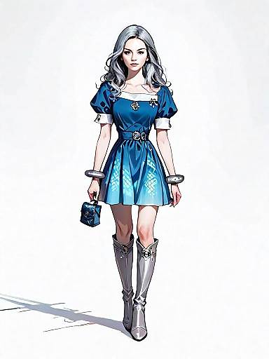 Realistic Comic Style Woman in Blue Dress Full Body Illustration