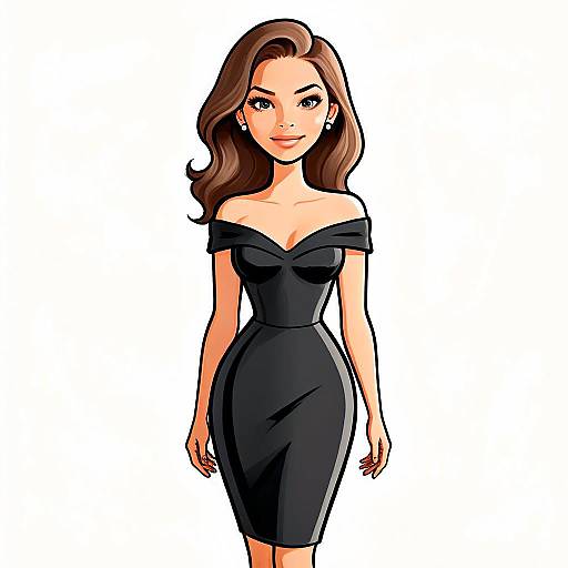 Elegant Woman in Chic Black Off-Shoulder Cocktail Dress Illustration