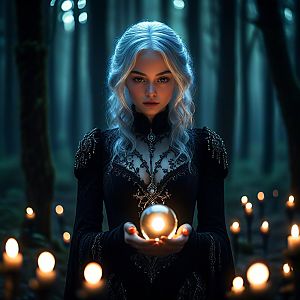 Mysterious Woman Holding Glowing Orb in Gothic Forest