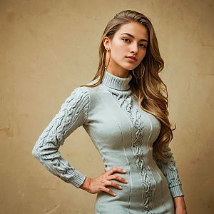 Confident Woman in Gray Cable-Knit Turtleneck Dress