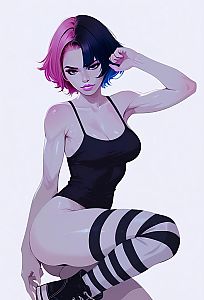 Edgy Woman with Pink and Blue Hair in Black Tank Top and Striped Stockings Digital Art
