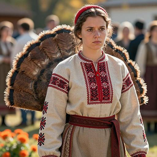 Traditional Eastern European Folk Woman in Embroidered Costume with Feather Decoration
