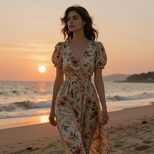 Young Woman in Floral Dress Walking on Beach at Sunset