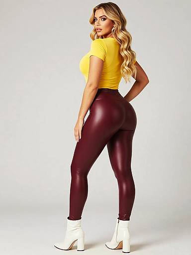 Fashionable Gen Z Woman in Yellow Top and Burgundy Leather Leggings