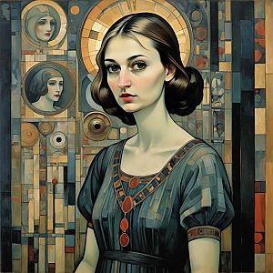 Young Woman with Serene Expression in Geometric Background