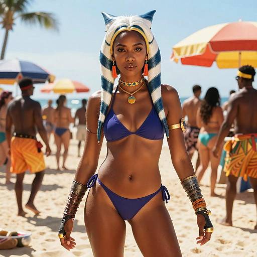 Woman in Blue Bikini and Togruta Headpiece on Beach