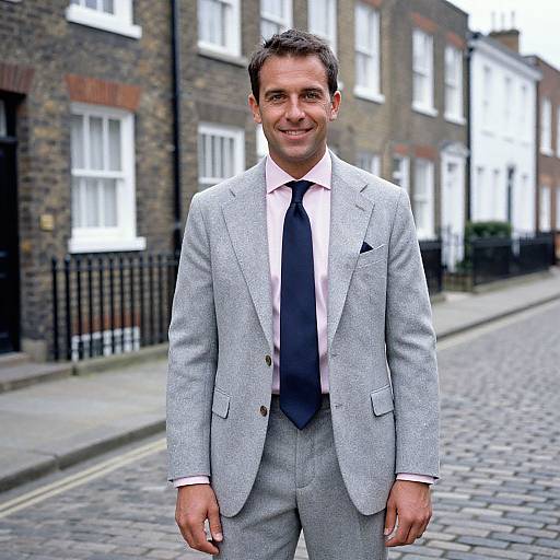 Man in Grey Suit with Navy Tie on Cobblestone Urban Street