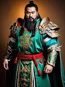 Man Cosplay Wearing Guan Yu Costume with Realistic Armor and Traditional Design