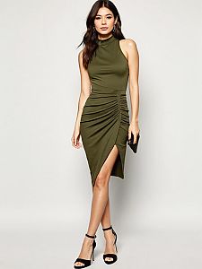 Chic Olive Green Bodycon Dress with High Neckline and Thigh Slit