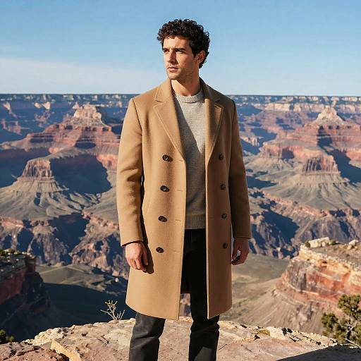 Man in Stylish Camel Coat at Grand Canyon Overlook