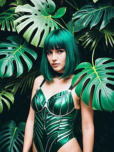 Monstera Plant Costume Editorial Cosplay Photo with Woman and Tropical Leaves