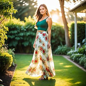 Woman in Teal Crop Top and Floral Maxi Skirt in Sunlit Garden