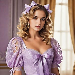 Young Woman in Lavender Lace Dress with Lilac Bows
