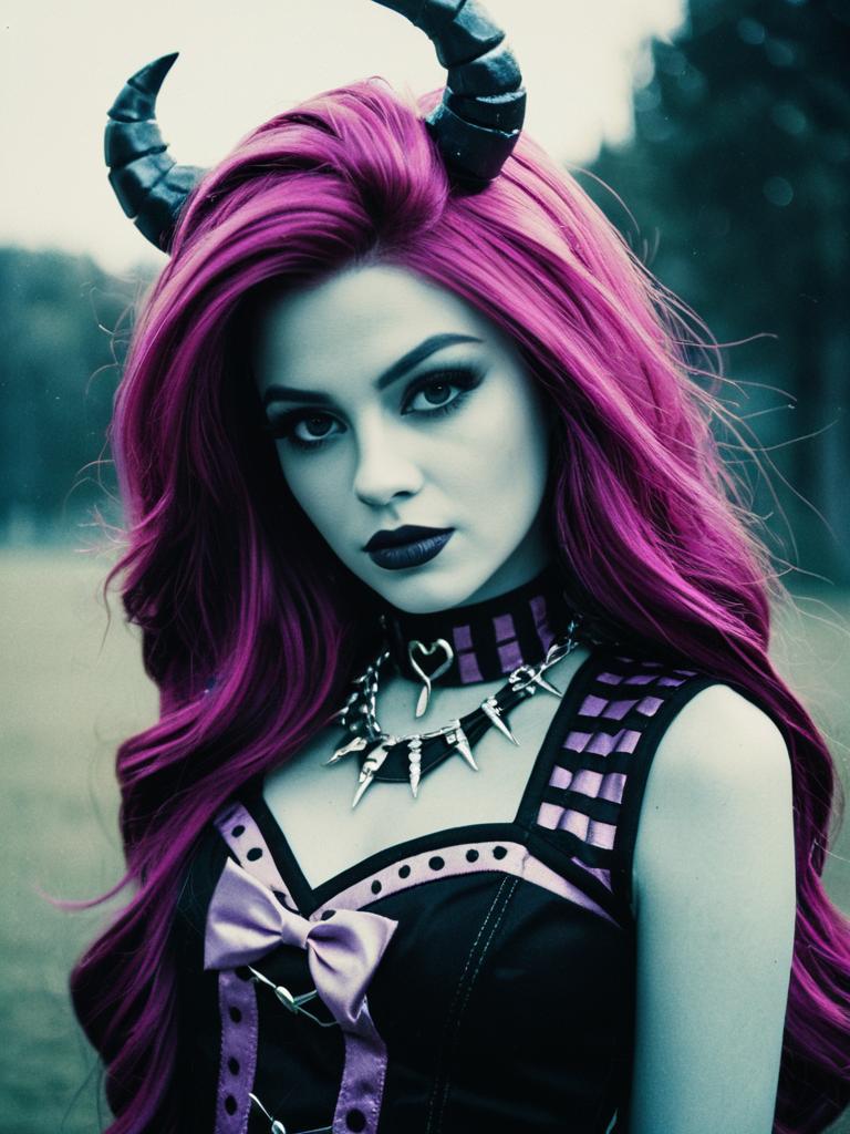 Woman in Monster High Costume with Magenta Hair and Gothic Accessories