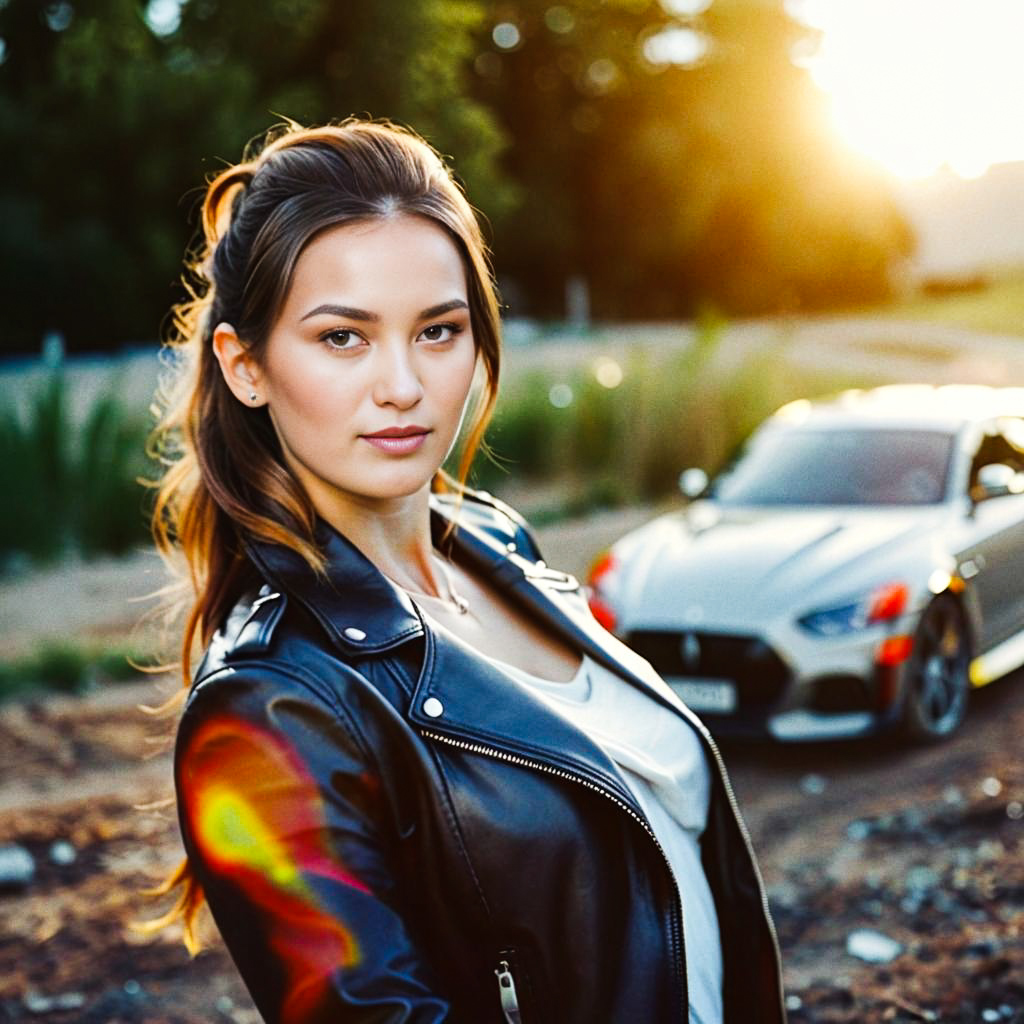 Stylish Woman in Leather Jacket at Sunset