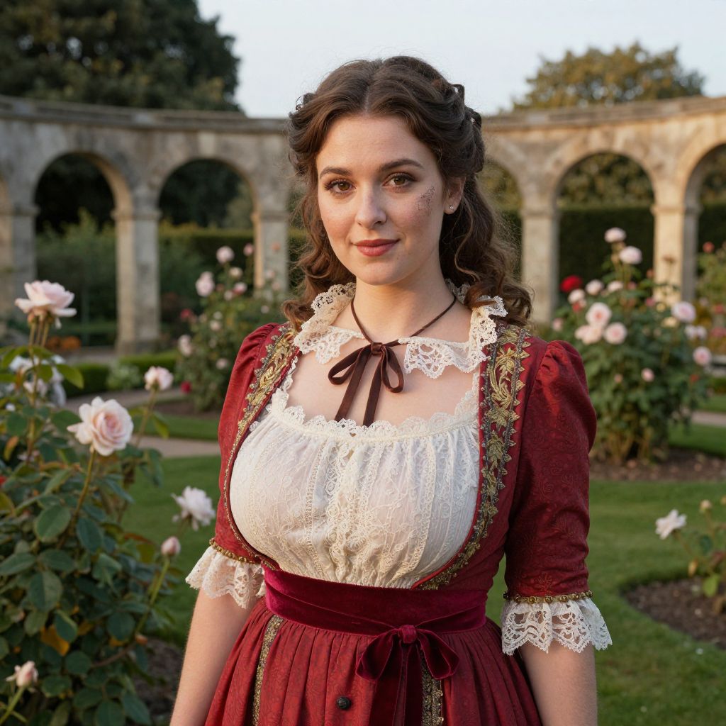 Victorian Woman in Red Dress Posing in Rose Garden with Stone Arches