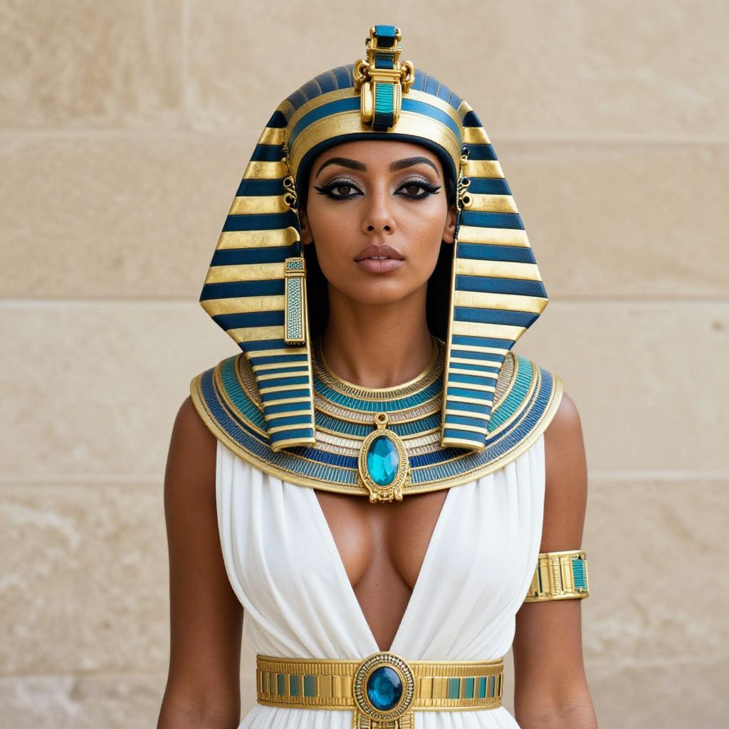 Woman in Ancient Egyptian Nemes Headdress and Traditional Jewelry