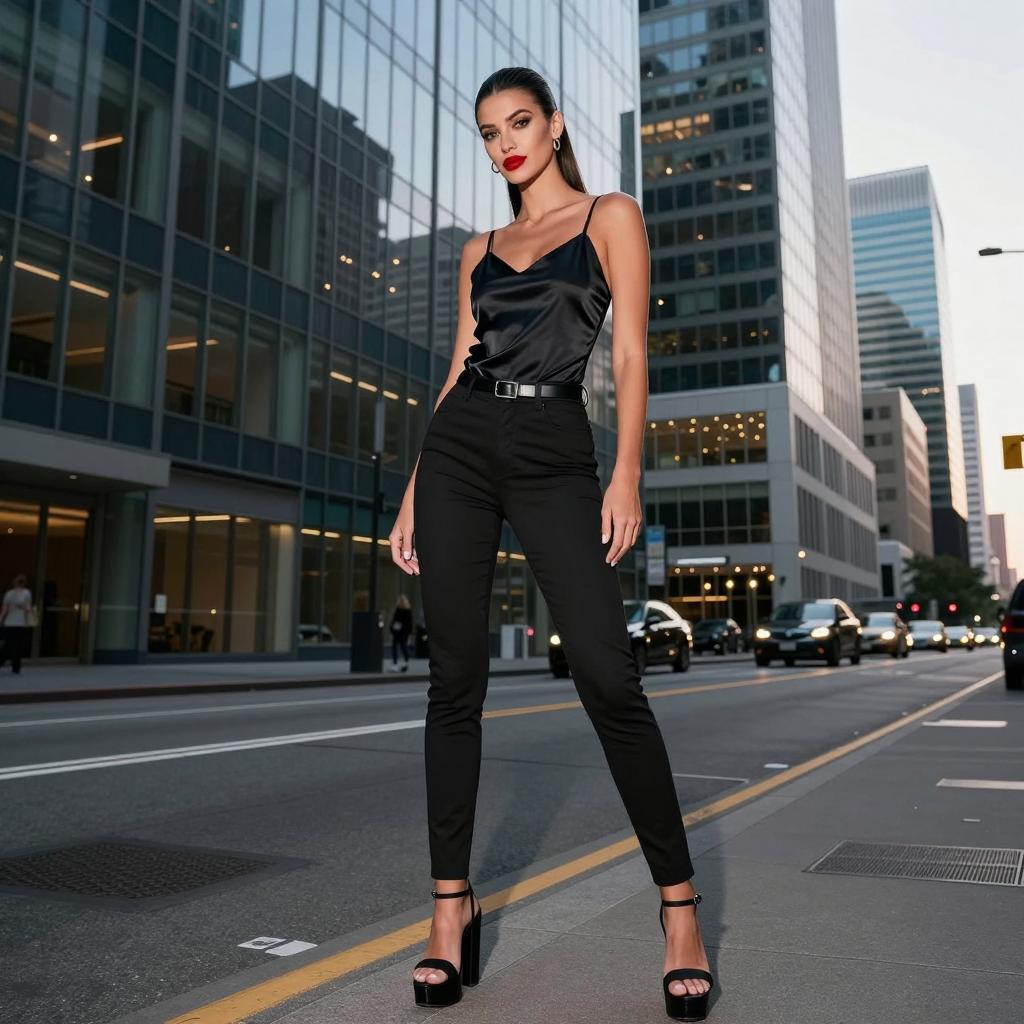 Confident Woman in Black Satin Outfit on City Street