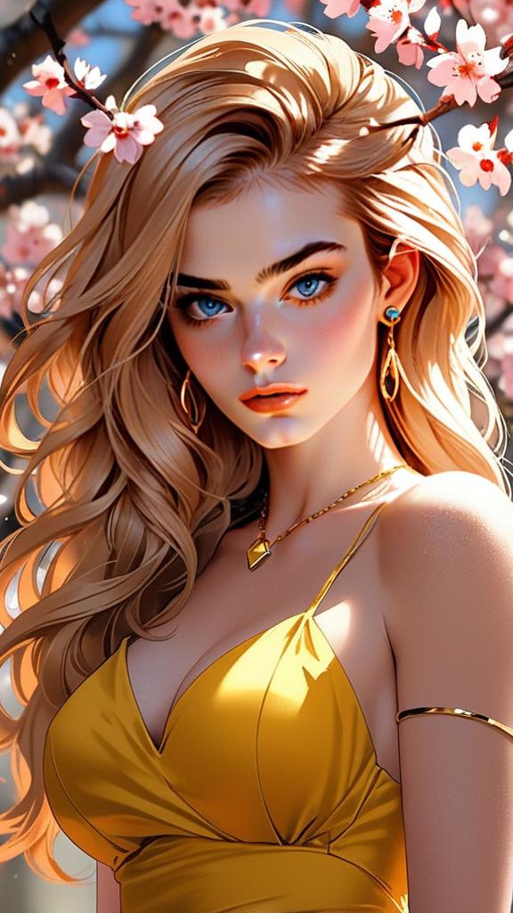 Anime Woman with Blonde Hair and Cherry Blossoms