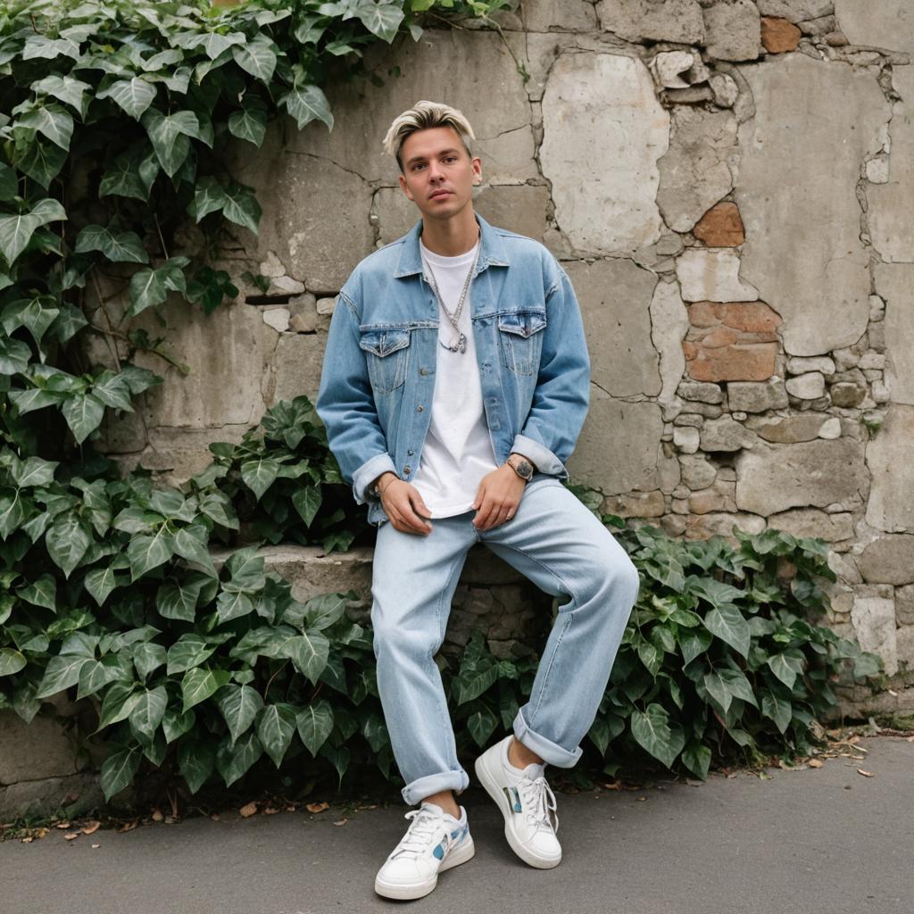 Casual man in denim against rustic stone wall with ivy