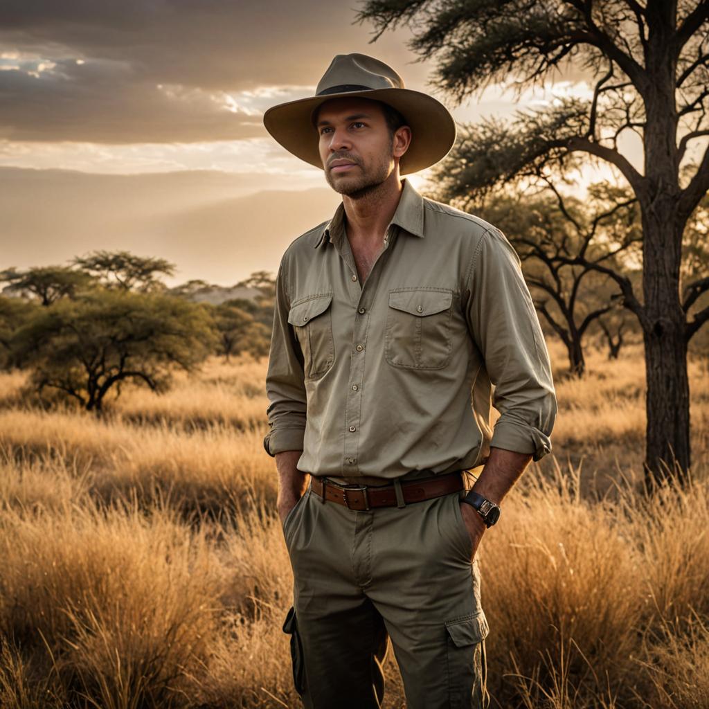 Man in Safari Gear at Sunset