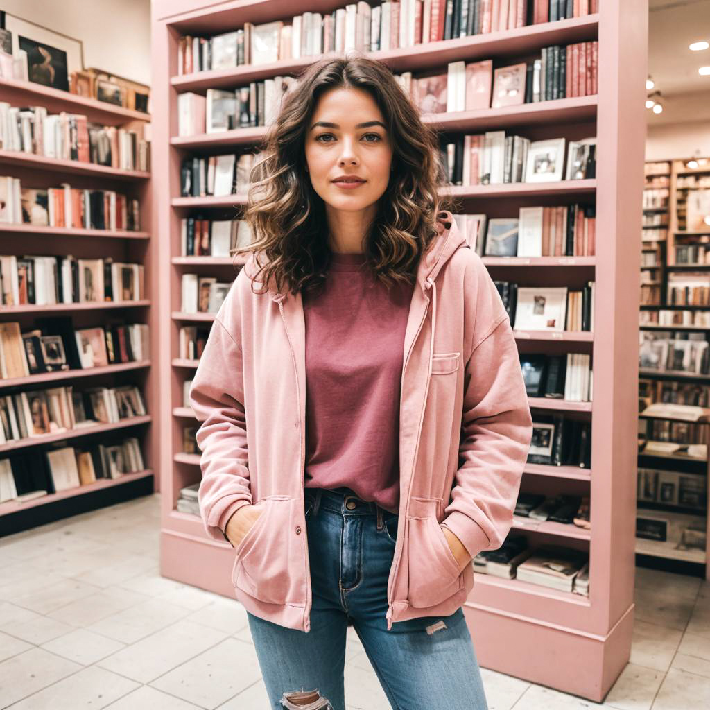 Stylish woman in cozy bookstore