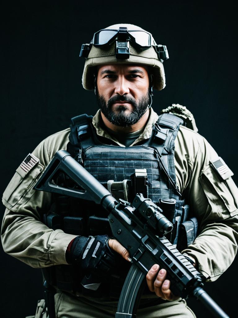 Man in SEAL Team Six Raid Costume Cosplay with Tactical Gear and Assault Rifle