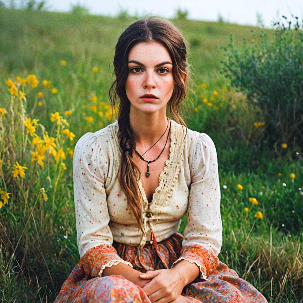 Young Woman in Vintage Outfit Among Wildflowers