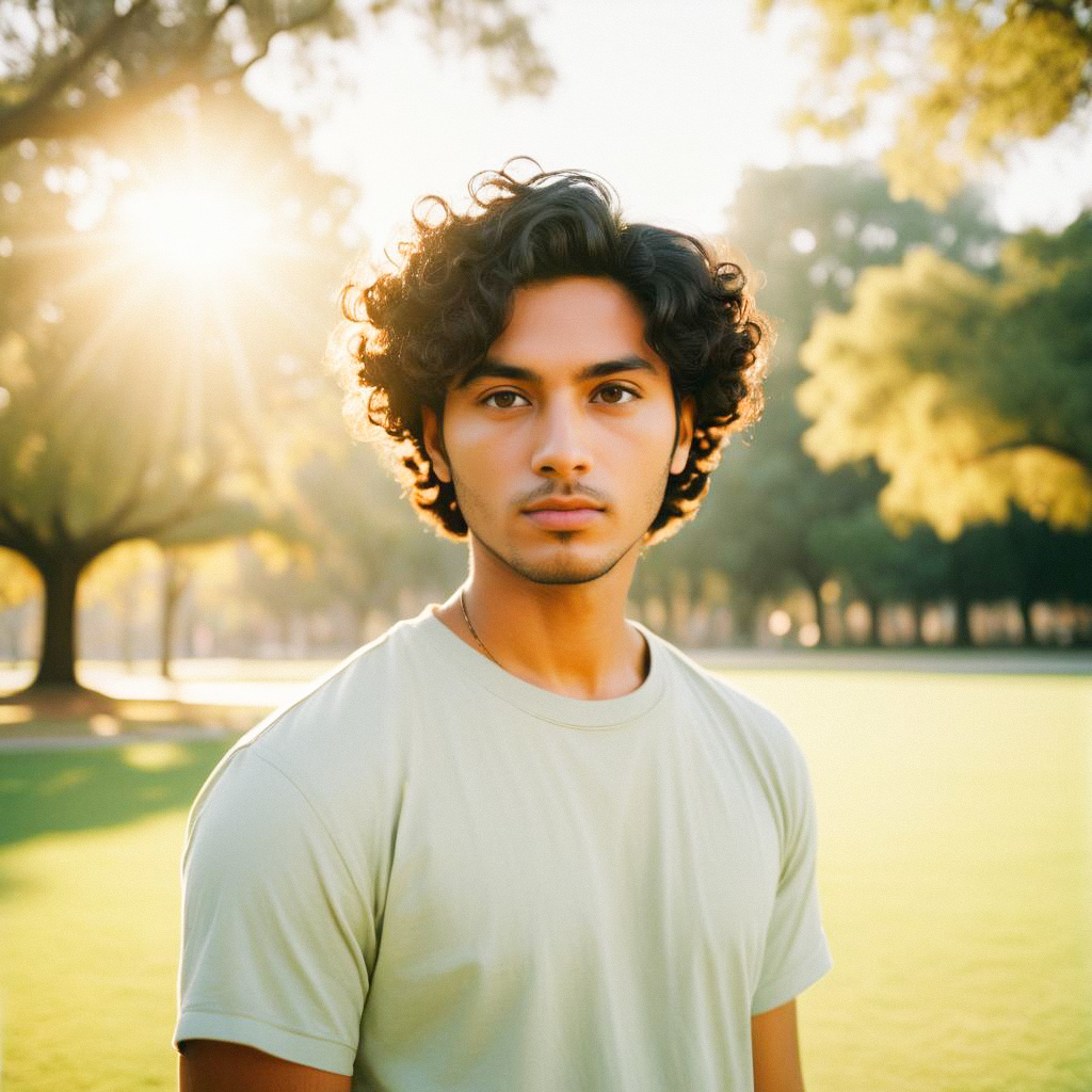 Thoughtful young man in sunlit park