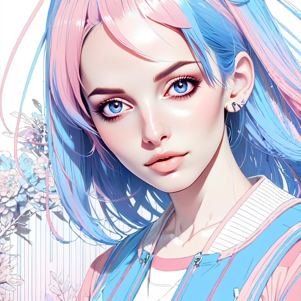 Anime Portrait: Pink & Blue Hair, Blue Eyes