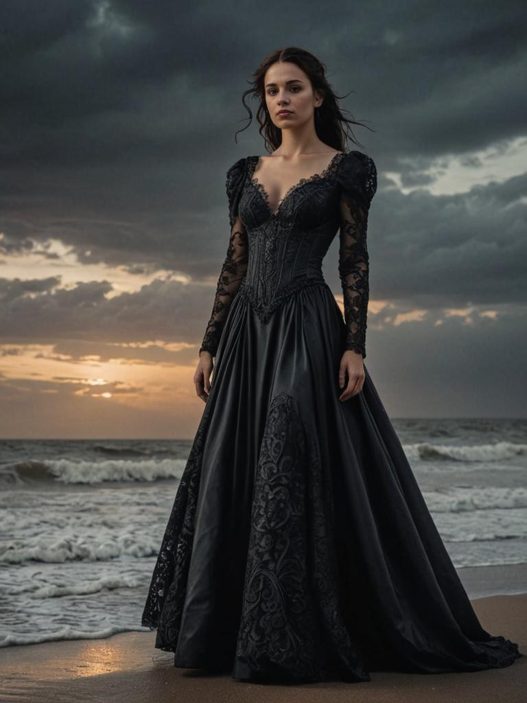 Elegant woman in black gown at sunset