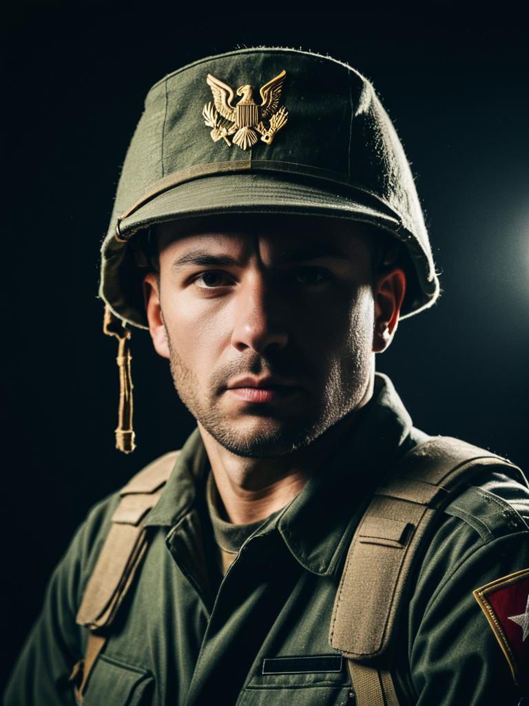 Man in Army Soldier Costume Studio Cosplay Headshot with Cinematic Lighting